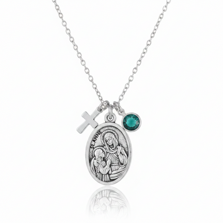 Saint Anne Medal Necklace | Personalized Catholic Necklace with Birthstone | Confirmation Gift for Girls | St Anne Patron Saint Jewelry