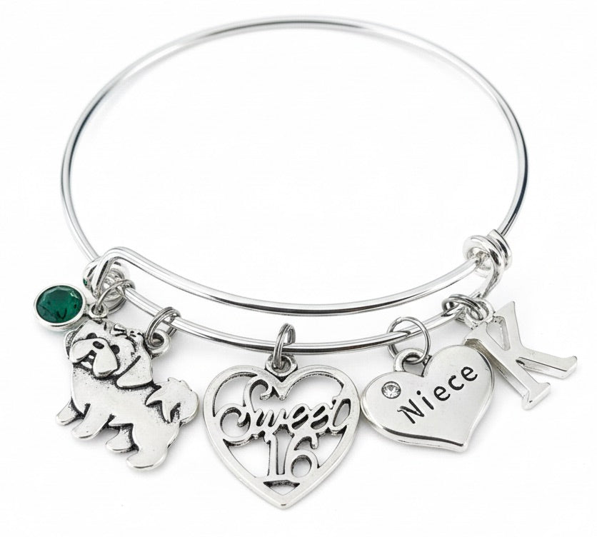 Sweet 16 Niece Bracelet – Personalized Shih Tzu Charm Bangle with Initial & Birthstone