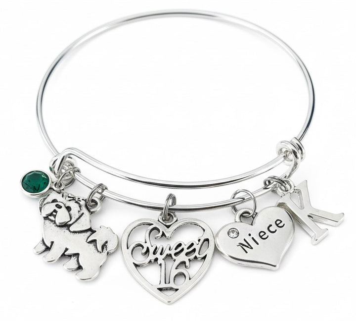 Sweet 16 Niece Bracelet – Personalized Shih Tzu Charm Bangle with Initial &amp; Birthstone