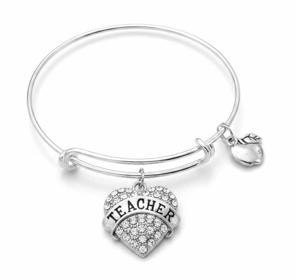 Silver expandable charm bracelet with crystal-encrusted Teacher heart charm and silver apple charm – adjustable bangle teacher appreciation gift by Jules Obsession