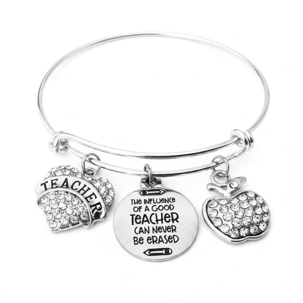 Silver expandable bangle bracelet with rhinestone Teacher arch charm, engraved "The Influence of a Good Teacher Can Never Be Erased" disc, and sparkling rhinestone apple charm — teacher appreciation gift

