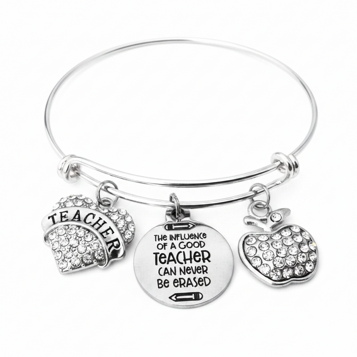 Silver expandable bangle bracelet with rhinestone Teacher arch charm, engraved "The Influence of a Good Teacher Can Never Be Erased" disc, and sparkling rhinestone apple charm — teacher appreciation gift

