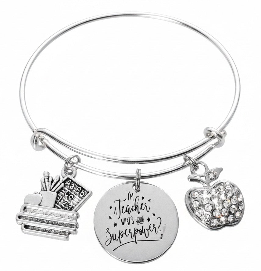 Silver charm bracelet with rhinestone apple, teaching supplies & superpower quote disc — teacher appreciation gift