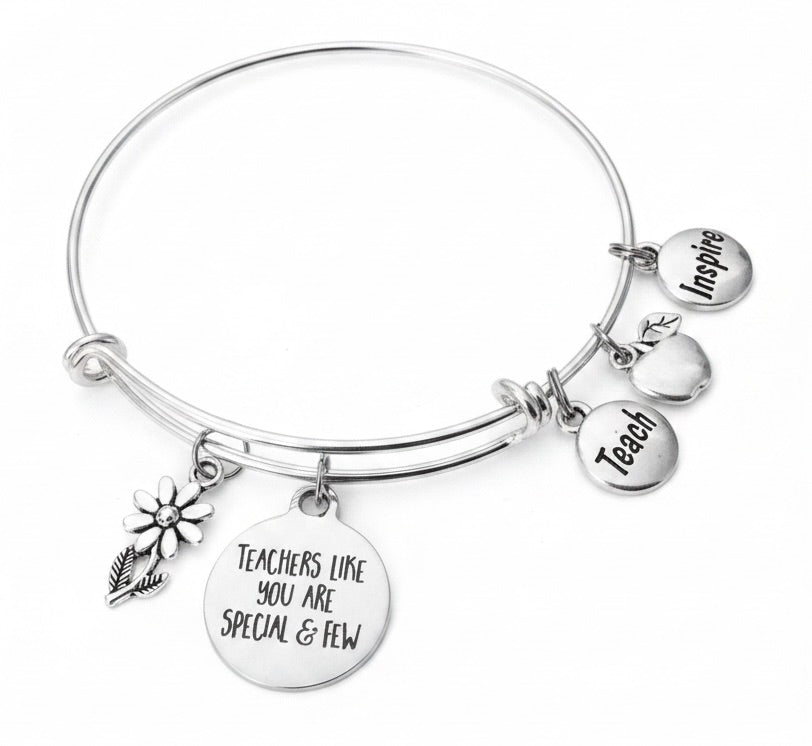 Silver expandable charm bracelet with Teachers Like You Are Special and Few disc, daisy flower, apple, Inspire and Teach charms – adjustable bangle teacher appreciation gift by Jules Obsession