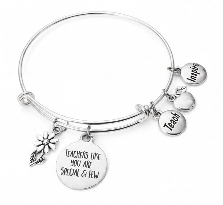 Silver expandable charm bracelet with Teachers Like You Are Special and Few disc, daisy flower, apple, Inspire and Teach charms – adjustable bangle teacher appreciation gift by Jules Obsession