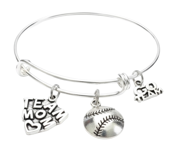 Team Mom Charm Bracelet | Go Team &amp; Softball Silver Expandable Bangle Coach Gift