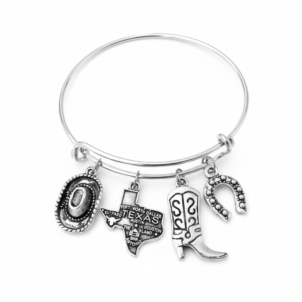 Texas Charm Bracelet - Expandable Silver Bangle with State Themed Charms
