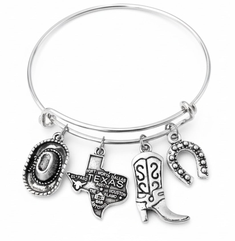 Texas Charm Bracelet - Expandable Silver Bangle with State Themed Charms