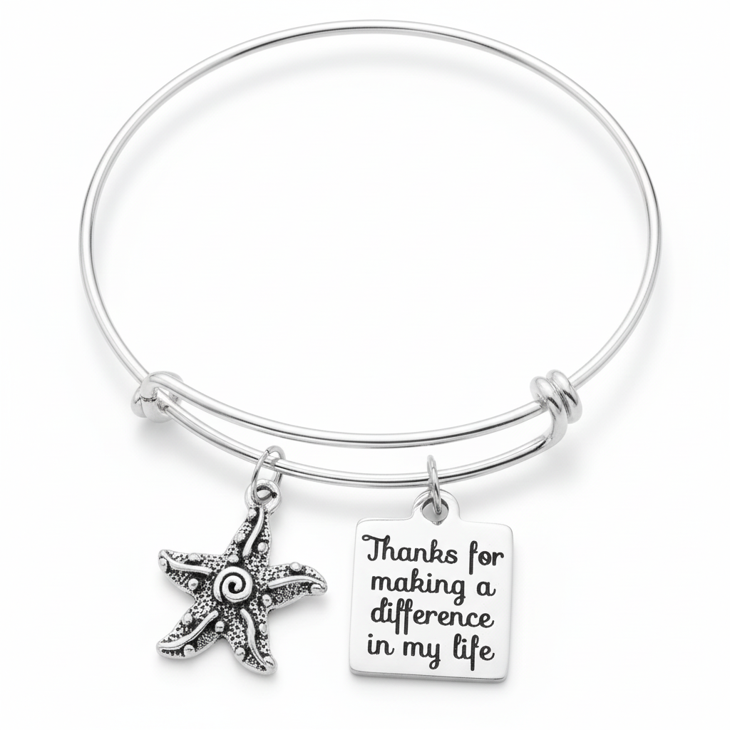 Starfish Story Jewelry Thank you Charm Bracelet Adjustable Bangle One Size Fits All Gift Personalization (Plus Free Starfish Story Card)