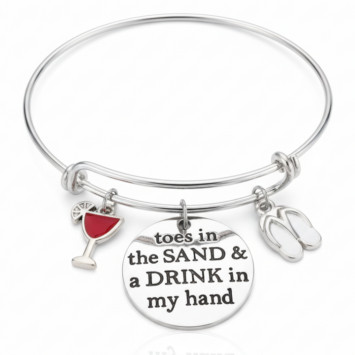 Toes In the Sand Drink in My Hand Expandable Charm Bracelet Adjustable Silver Bangle Gift