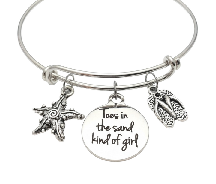 Beach Charm Bracelet – Adjustable Silver Bangle with Starfish, Flip Flops, and “Toes in the Sand Kind of Girl” Pendant – Summer Jewelry Gift