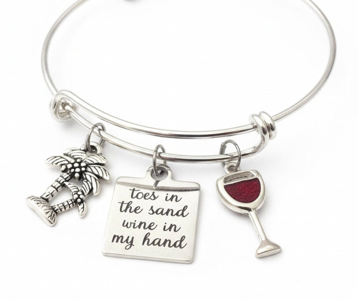 Toes in the Sand Wine in My Hand Bracelet | Beach Charm Bangle | Wine Lover Gift | Palm Tree Jewelry | Adjustable Silver Bangle