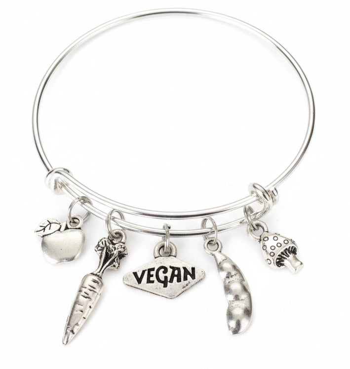 Vegan Charm Bracelet, Vegan Jewelry with Apple Carrot Pea Pod Mushroom Charms, Gift for Vegans