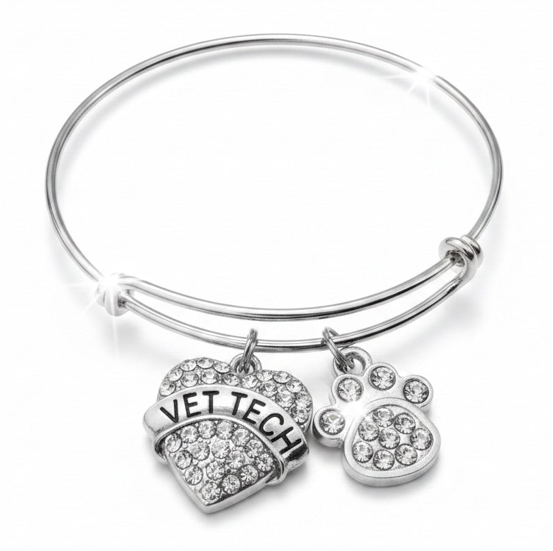 Silver expandable bangle bracelet with crystal rhinestone pavé VET TECH heart charm and crystal paw print charm — veterinary technician gift bracelet by Jules Obsession