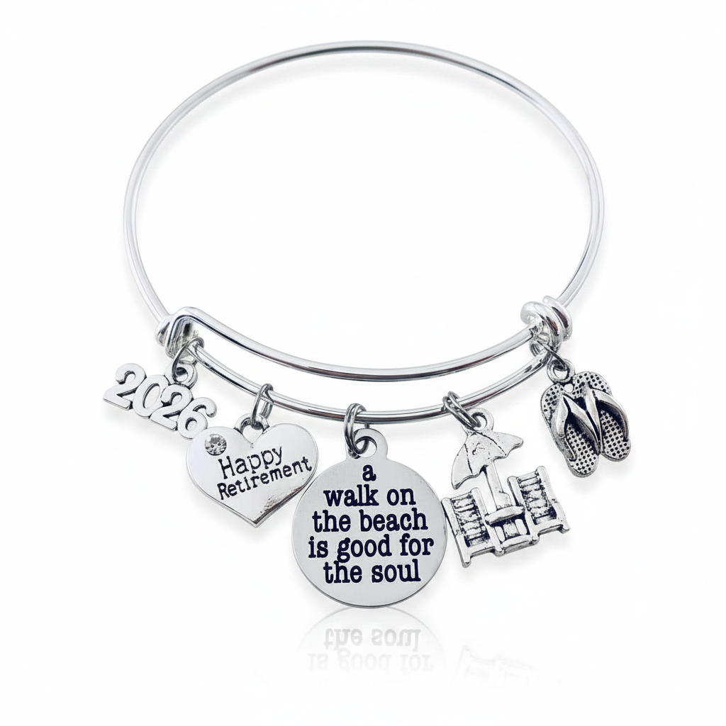  Silver expandable charm bangle with 2026 year charm, Happy Retirement heart, A Walk on the Beach is Good for the Soul disc, beach chair, umbrella and flip flop charms – retirement gift for women by Jules Obsession