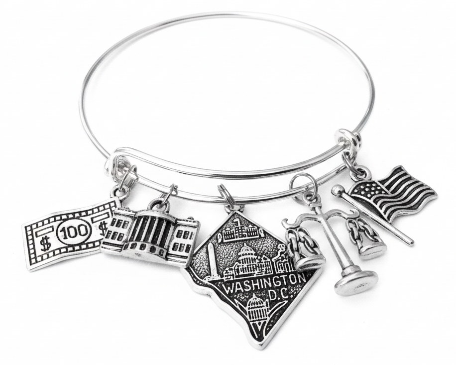 Silver expandable charm bangle bracelet with five Washington D.C. charms: $100 bill, White House, D.C. skyline map, Scales of Justice, and American flag — patriotic gift bracelet by Jules Obsession