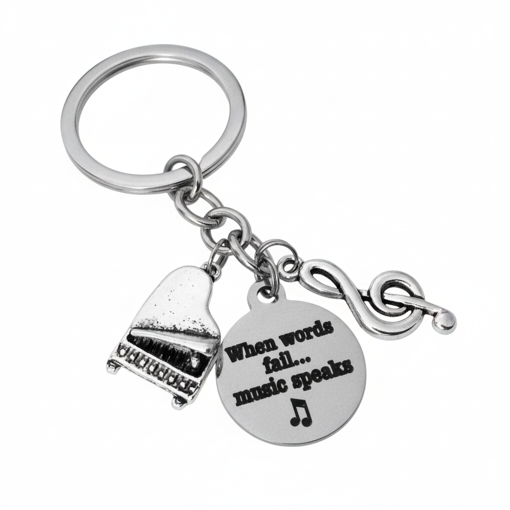 When Words Fail Music Speaks Keychain, Music Teacher Gift, Piano Charm Key Ring, Musician Gift