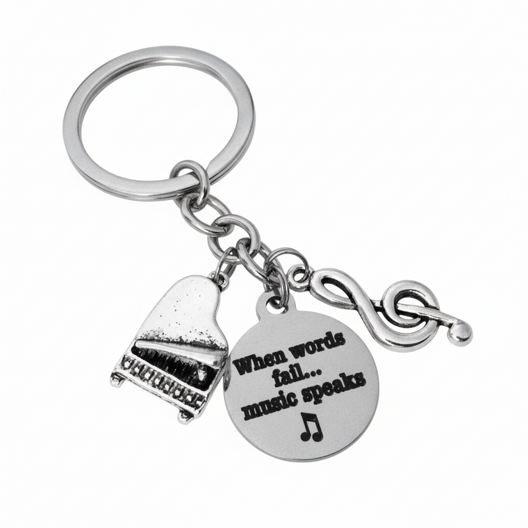 When Words Fail Music Speaks Keychain, Music Teacher Gift, Piano Charm Key Ring, Musician Gift