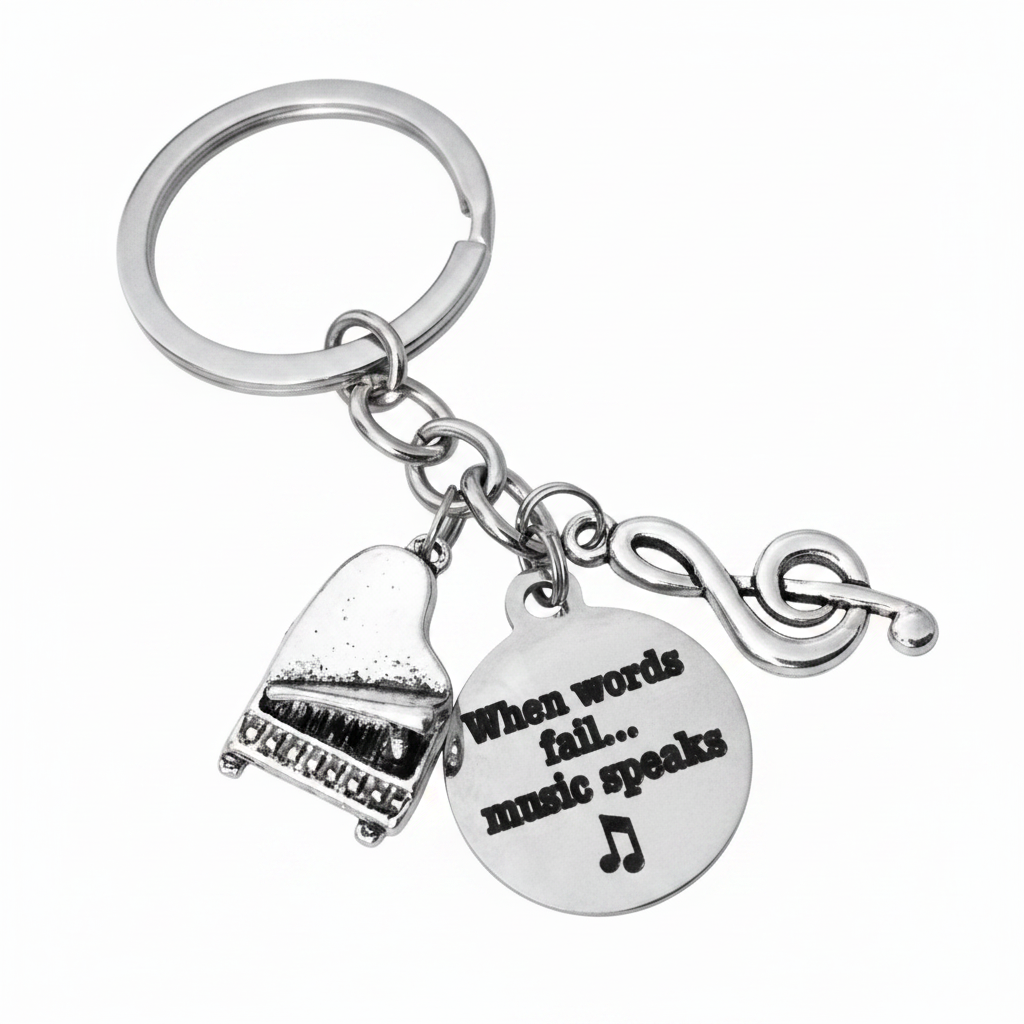 Silver music keychain with baby grand piano charm, treble clef charm, and "When Words Fail Music Speaks" engraved disc — music teacher gift

