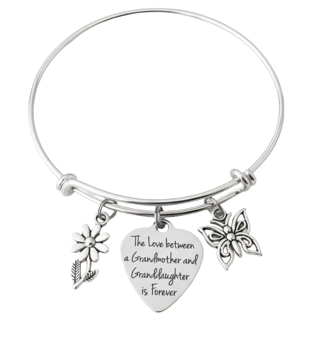 Silver bracelet with heart charm and butterfly and flower charms on a white background