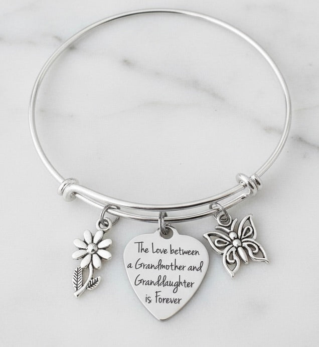 Grandmother Granddaughter Bracelet – Silver Charm Bangle with Daisy, Butterfly & Heart
