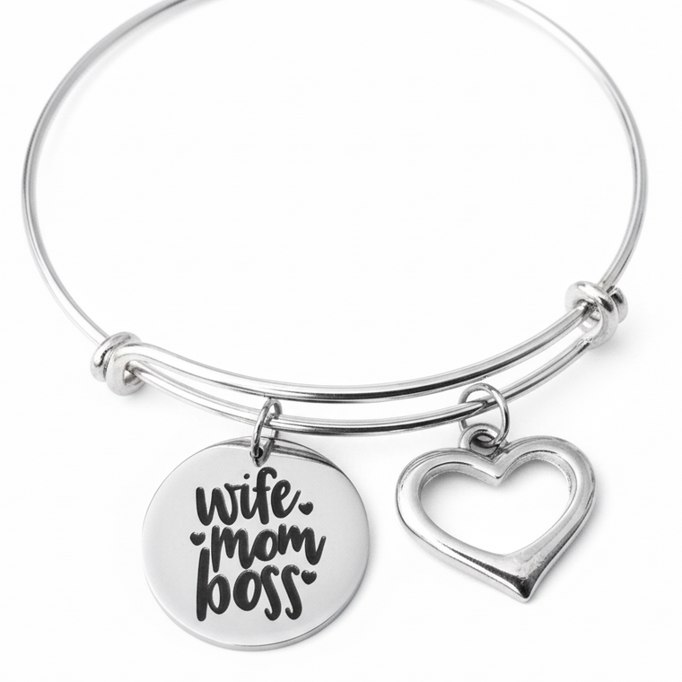 Silver expandable charm bangle bracelet with laser-engraved wife mom boss round disc charm and open cutout heart charm — empowering gift bracelet for moms and boss ladies by Jules Obsession