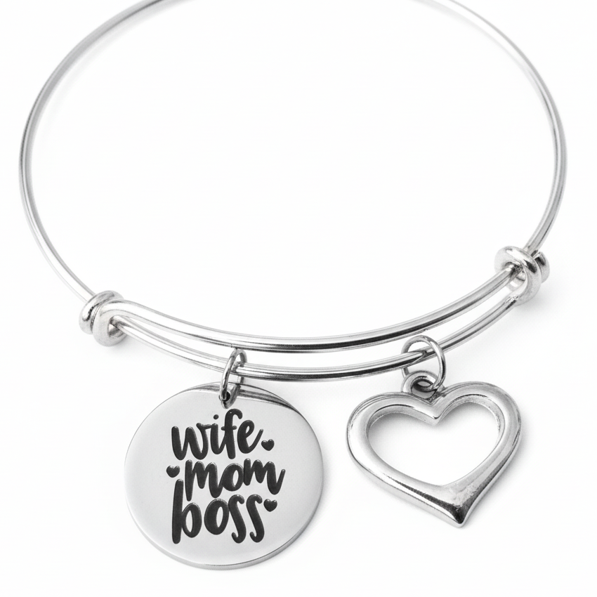 Silver expandable charm bangle bracelet with laser-engraved wife mom boss round disc charm and open cutout heart charm — empowering gift bracelet for moms and boss ladies by Jules Obsession