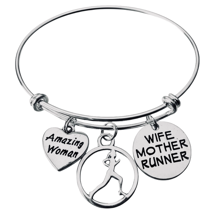 Wife Mother Runner Bracelet Amazing Woman Silver Expandable Bangle, Running Jewelry Gift for Marathon Half Marathon 5K