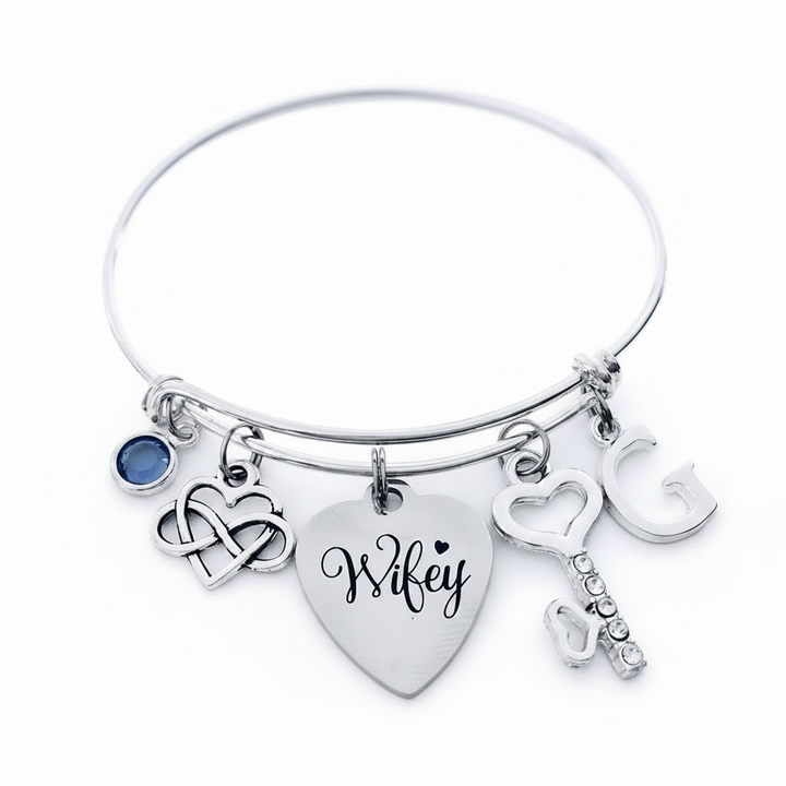 Wife Charm Bangle Bracelet - Personalized Wifey Jewelry with Infinity Symbol &amp; Custom Initial, Forever Love Anniversary Gift for Her