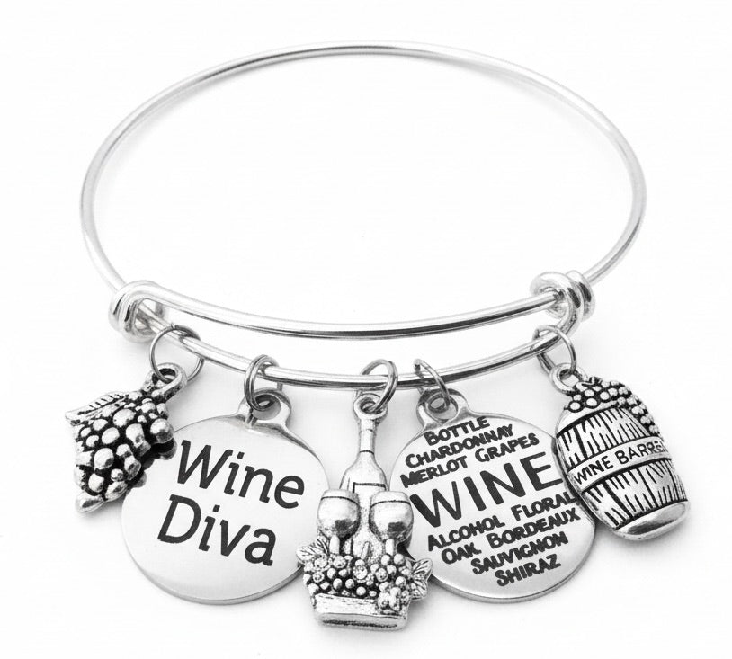 Wine Diva Charm Bracelet Silver Expandable Bangle Wine Lover Gift for Women
