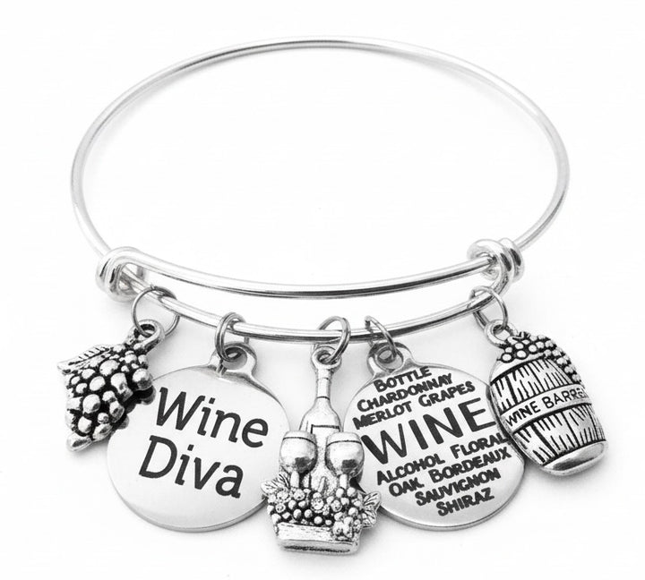 Wine Diva Charm Bracelet Silver Expandable Bangle Wine Lover Gift for Women