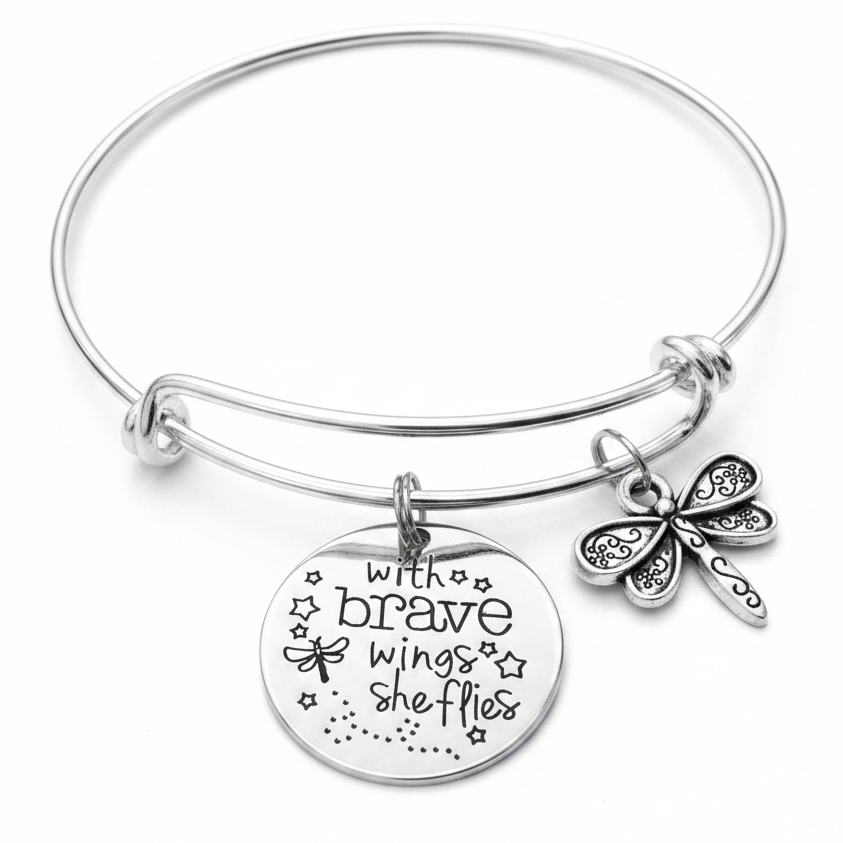 Silver expandable bangle bracelet with With Brave Wings She Flies engraved round charm and filigree dragonfly charm on adjustable silver wire – Jules Obsession