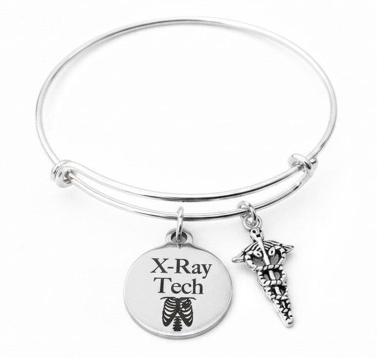 X-Ray Tech silver expandable bangle bracelet with X-Ray Tech engraved ribcage disc charm and RT caduceus charm each attached with individual jump rings — radiation technologist jewelry gift by Jules Obsession
