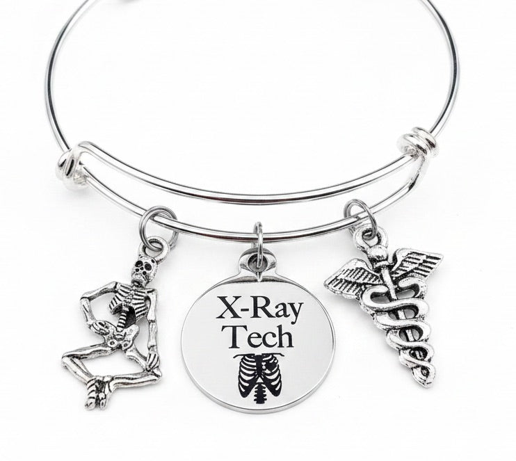 Jules Obsession X-Ray Tech silver expandable bangle bracelet with skeleton and caduceus charms — perfect gift for radiology technologists and medical imaging students