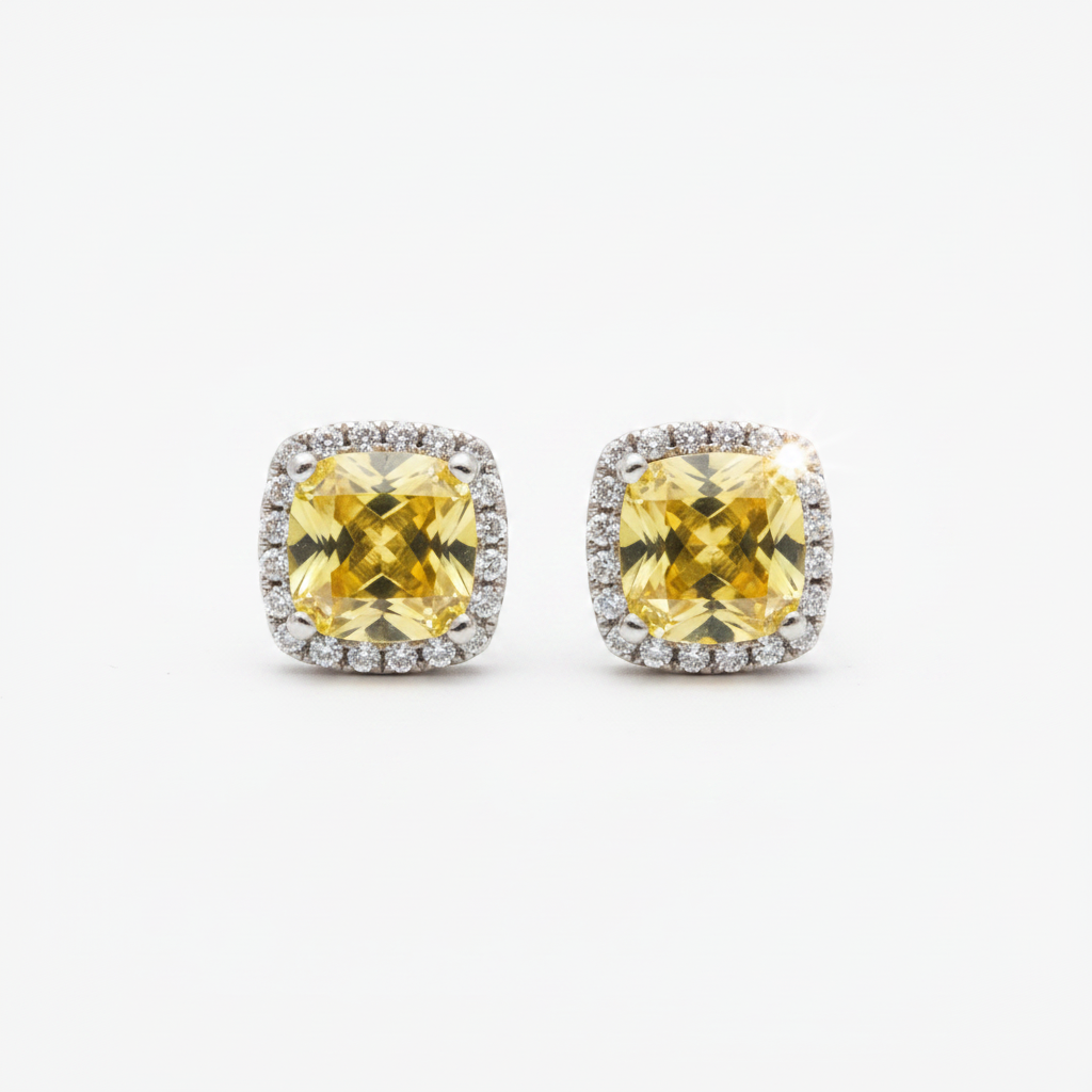 2 carat yellow moissanite cushion cut halo stud earrings in sterling silver, vivid golden yellow center stones surrounded by sparkling white moissanite halo, 