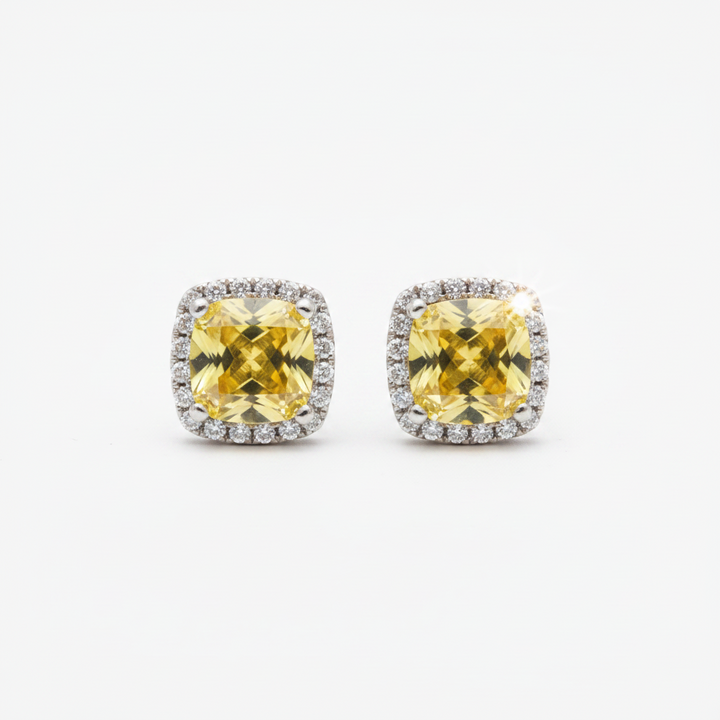 2 carat yellow moissanite cushion cut halo stud earrings in sterling silver, vivid golden yellow center stones surrounded by sparkling white moissanite halo, 