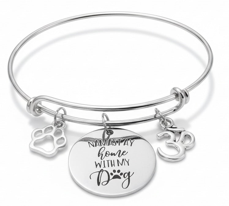 Namastay Home With My Dog Bracelet - Yoga Paw Print Om Charm | Adjustable Silver Bangle Gift