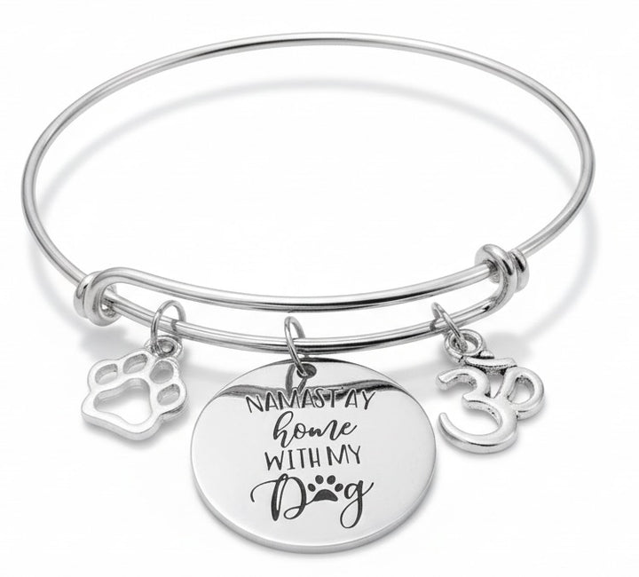Namastay Home With My Dog Bracelet - Yoga Paw Print Om Charm | Adjustable Silver Bangle Gift