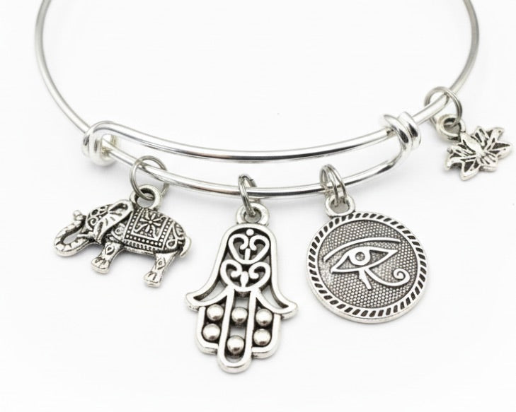 Yoga Gift Bracelet | Luck Protection Enlightenment Charms | Silver Expandable Bangle
