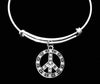 Rhinestone Peace Sign Jewelry Silver Expandable Charm Bracelet Adjustable One Size Fits All Silver Bangle