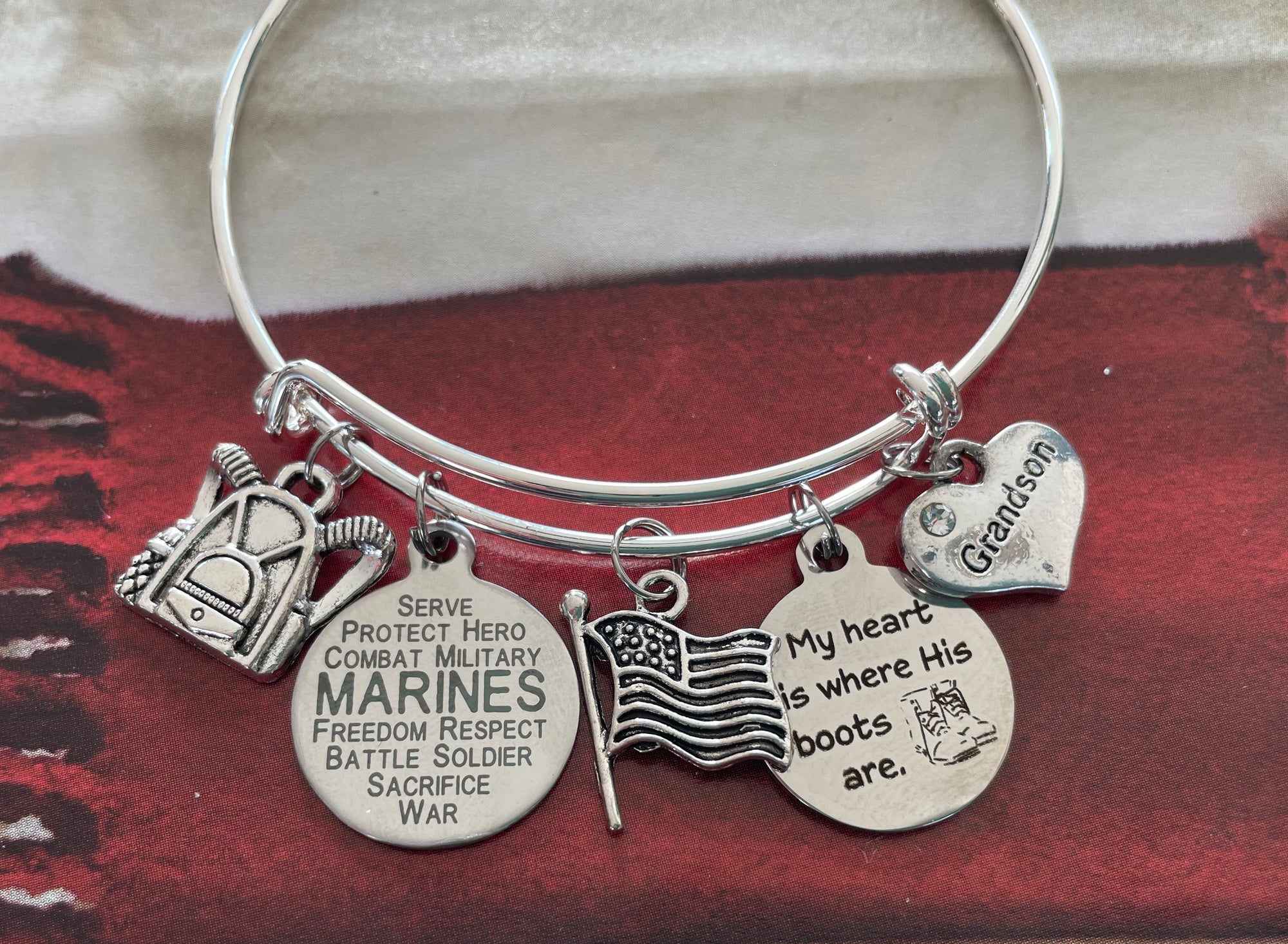 Marine Grandson Gift for Grandmother of Marine Jewelry Expandable Charm Bracelet Silver Adjustable Bangle One Size Fits All Gift