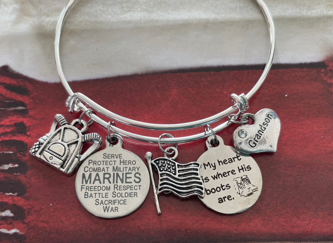 Marine Grandson Gift for Grandmother of Marine Jewelry Expandable Charm Bracelet Silver Adjustable Bangle One Size Fits All Gift Marines USMC