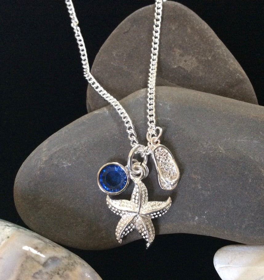 Personalized Starfish Flip Flop Sterling Silver Charm Necklace Beach Jewelry Birthday Gift Birthstone