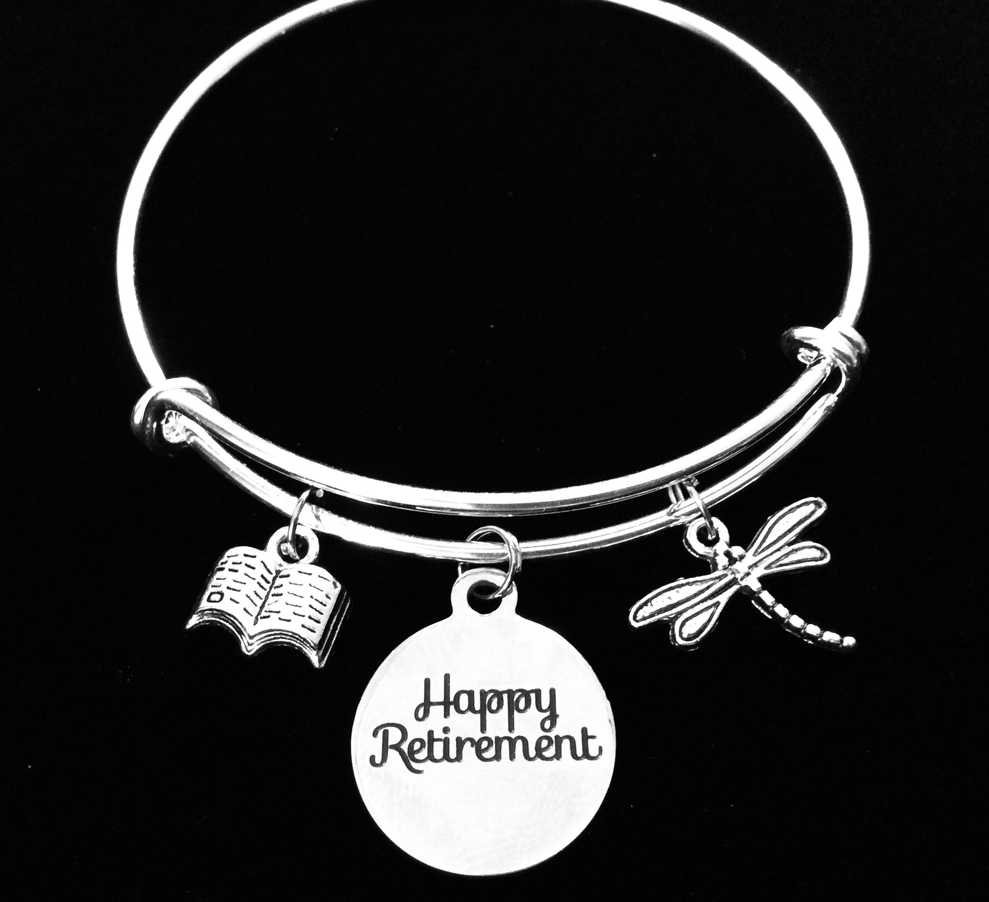 Happy Retirement Book Dragonfly Expandable Charm Bracelet Silver Adjustable Bangle Office Worker Gift Retire