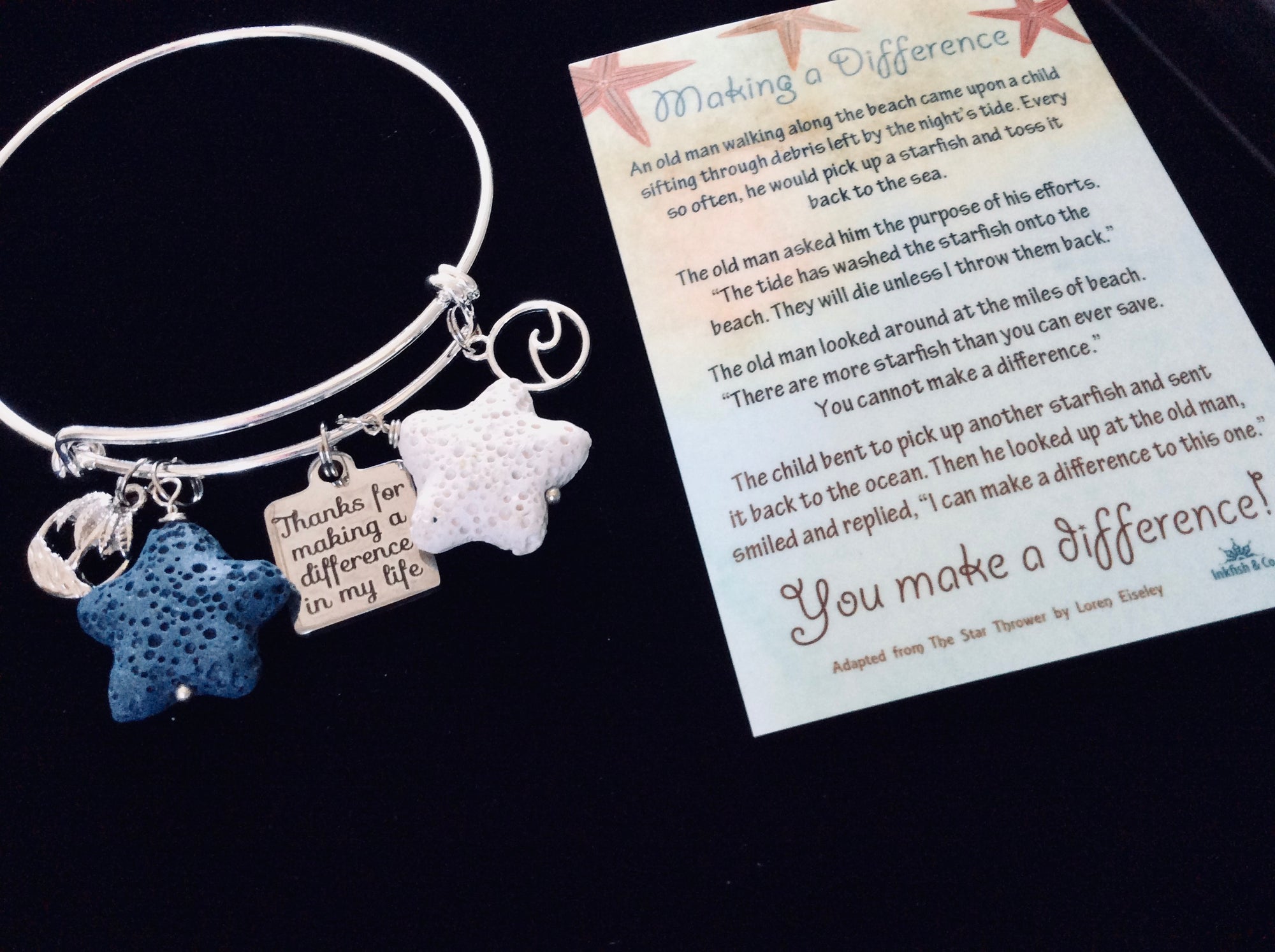 Nautical Gift Starfish Story Jewelry Thank you Charm Bracelet Adjustable Bangle One Size Fits All Gift Personalization (Plus Free Starfish Story Card)