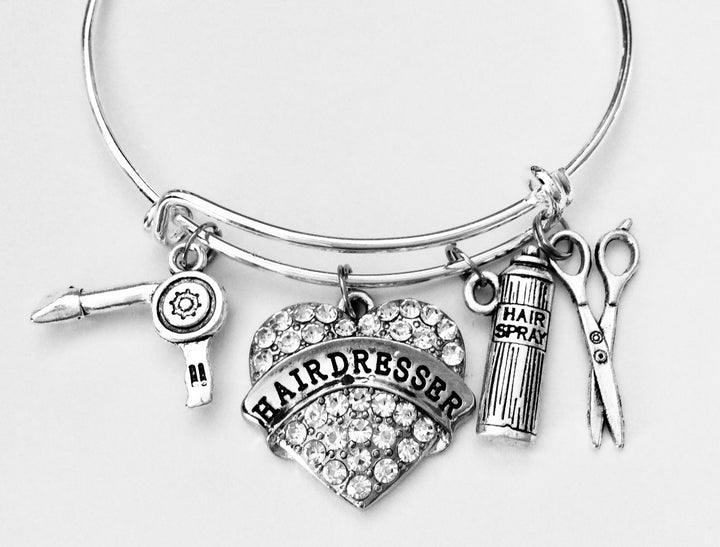 Hairdresser Charm Bracelet – Scissors, Hair Dryer &amp; Hairspray Silver Adjustable Bangle for Stylists &amp; Beauticians