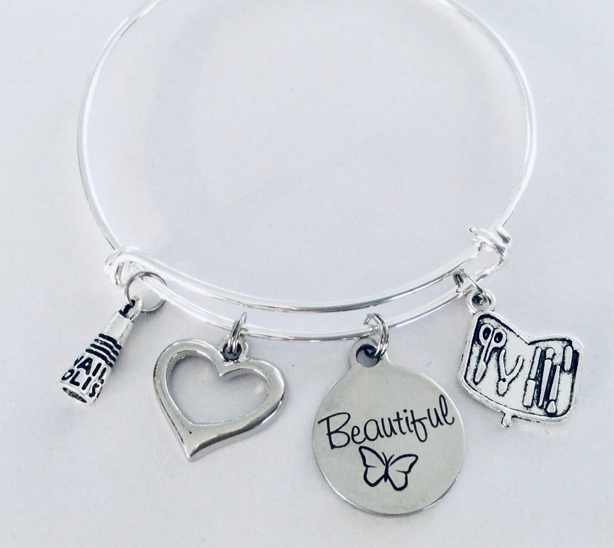 Beautiful Charm Bracelet – Silver Expandable Bangle with Nail Polish, Heart, Salon Tools & Butterfly Charm – Gift for Beauticians & Nail Techs