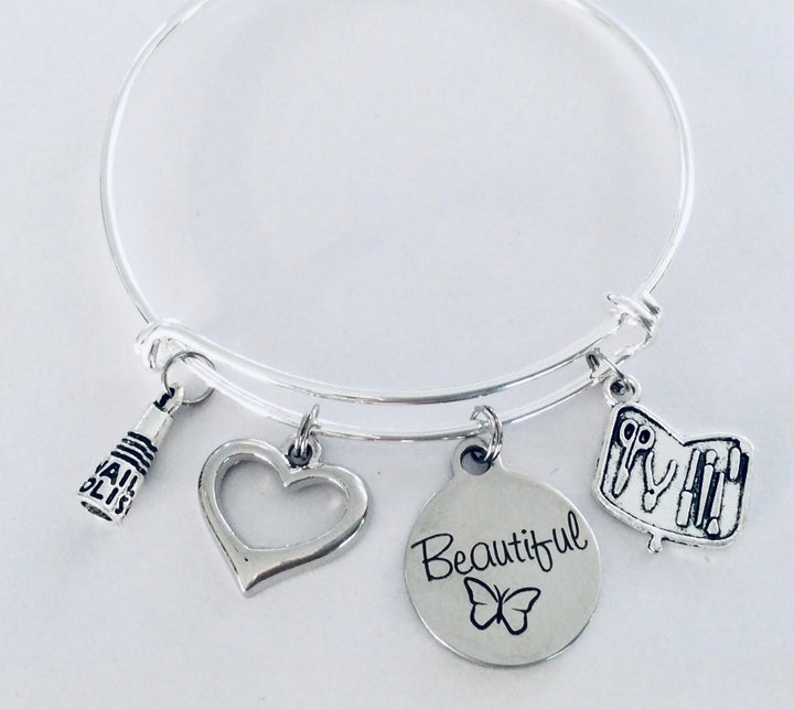 Beautiful Charm Bracelet – Silver Expandable Bangle with Nail Polish, Heart, Salon Tools &amp; Butterfly Charm – Gift for Beauticians &amp; Nail Techs