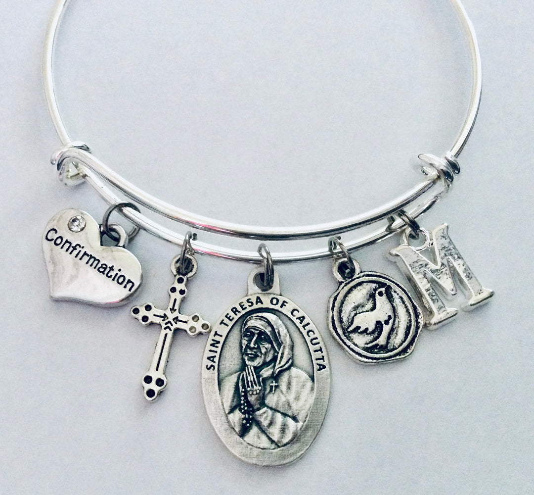 Confirmation Charm Bracelet Silver Adjustable Bangle with Saint Teresa of Calcutta Medal, Cross, Dove, Initial - Catholic Religious Gift for Girls