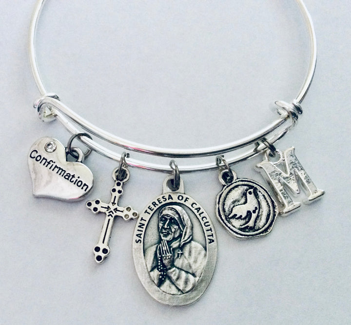 Confirmation Charm Bracelet Silver Adjustable Bangle with Saint Teresa of Calcutta Medal, Cross, Dove, Initial - Catholic Religious Gift for Girls